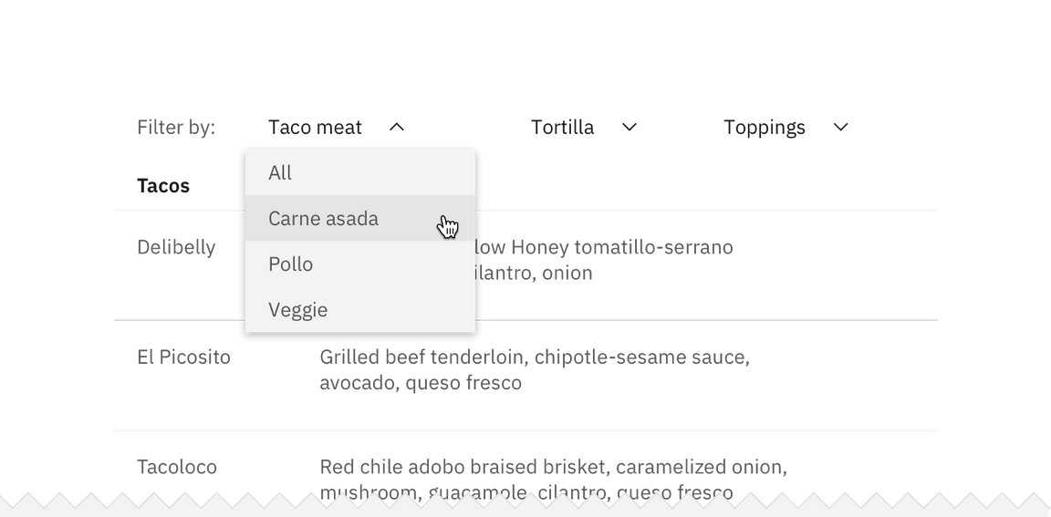 Example of a single selection filter in an inline dropdown